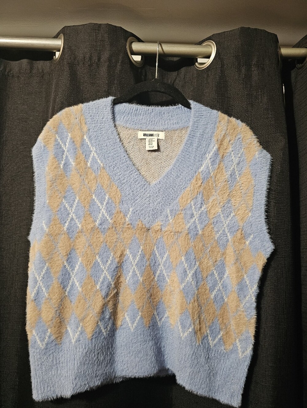 William Rast Light Blue & Tan Argyle Fuzzy Knit Vest Sz XS